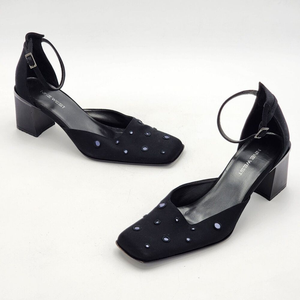 Nine West Y2K Satin Mirror Disc Ankle Strap Square Toe Block Heels Size 7.5 RARE